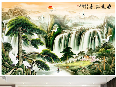 中式流水生財源遠流長山水畫電視背景墻